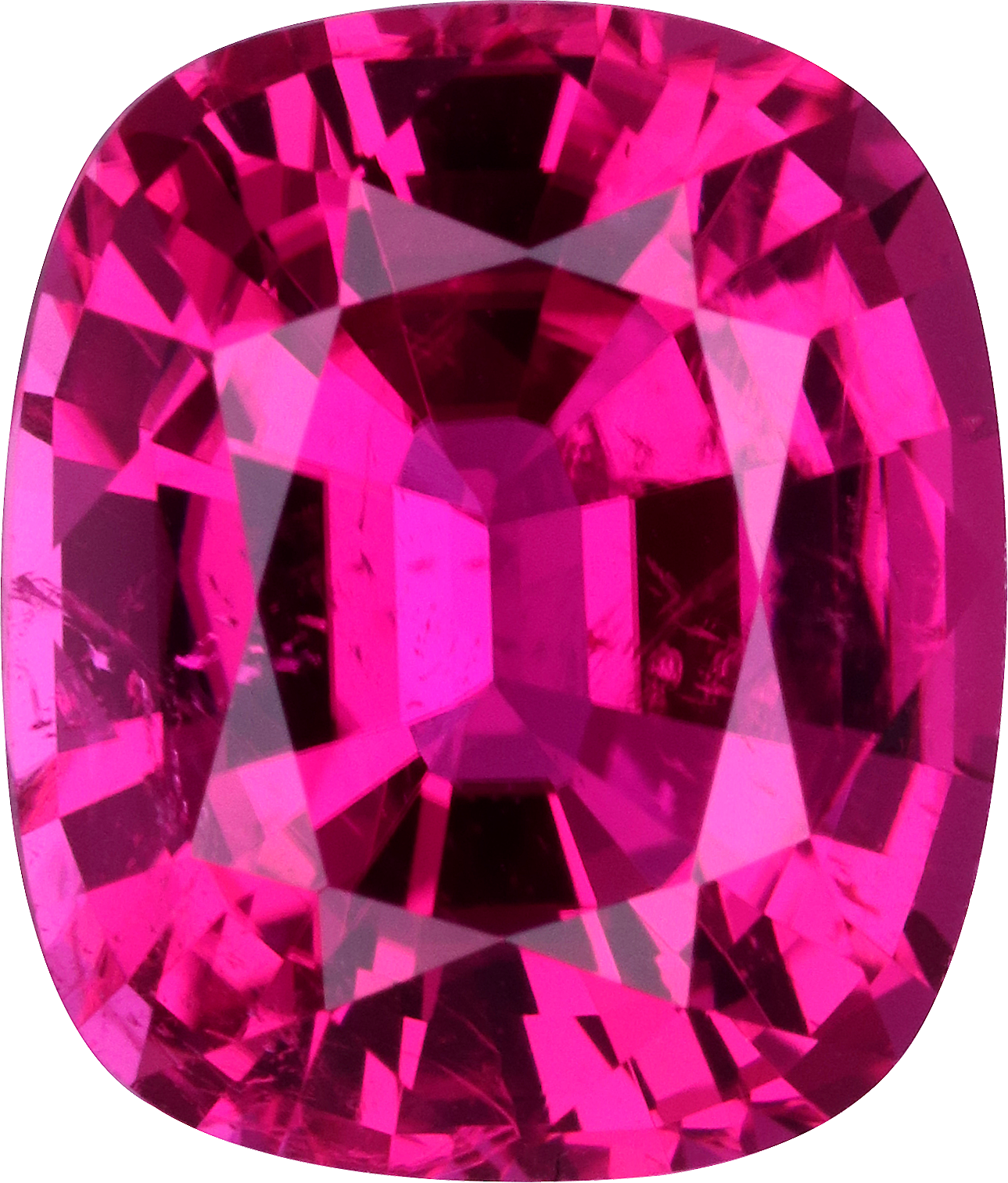Cushion cut rubellite tourmaline, 10.33 by 8.74 mm, shown at actual size