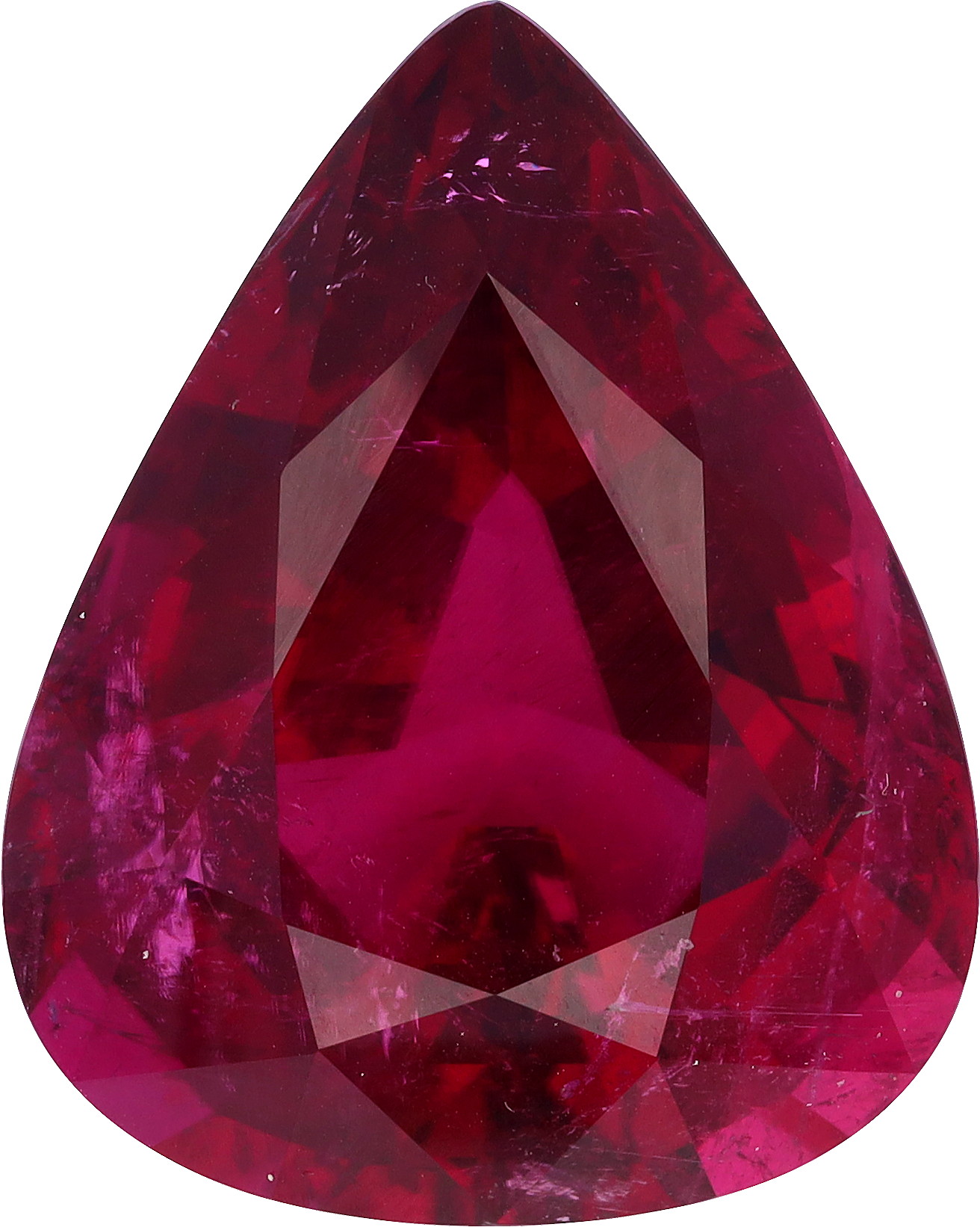 Pear cut rubellite tourmaline, 26.85 by 21.49 mm, shown at actual size