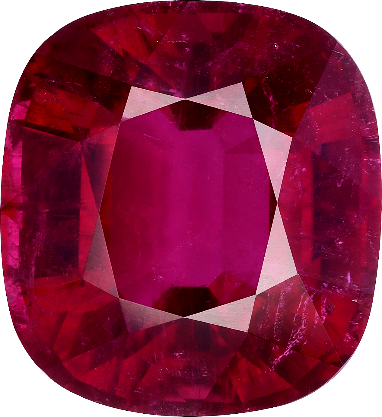 Cushion cut rubellite tourmaline, 19.99 by 18.36 mm, shown at actual size