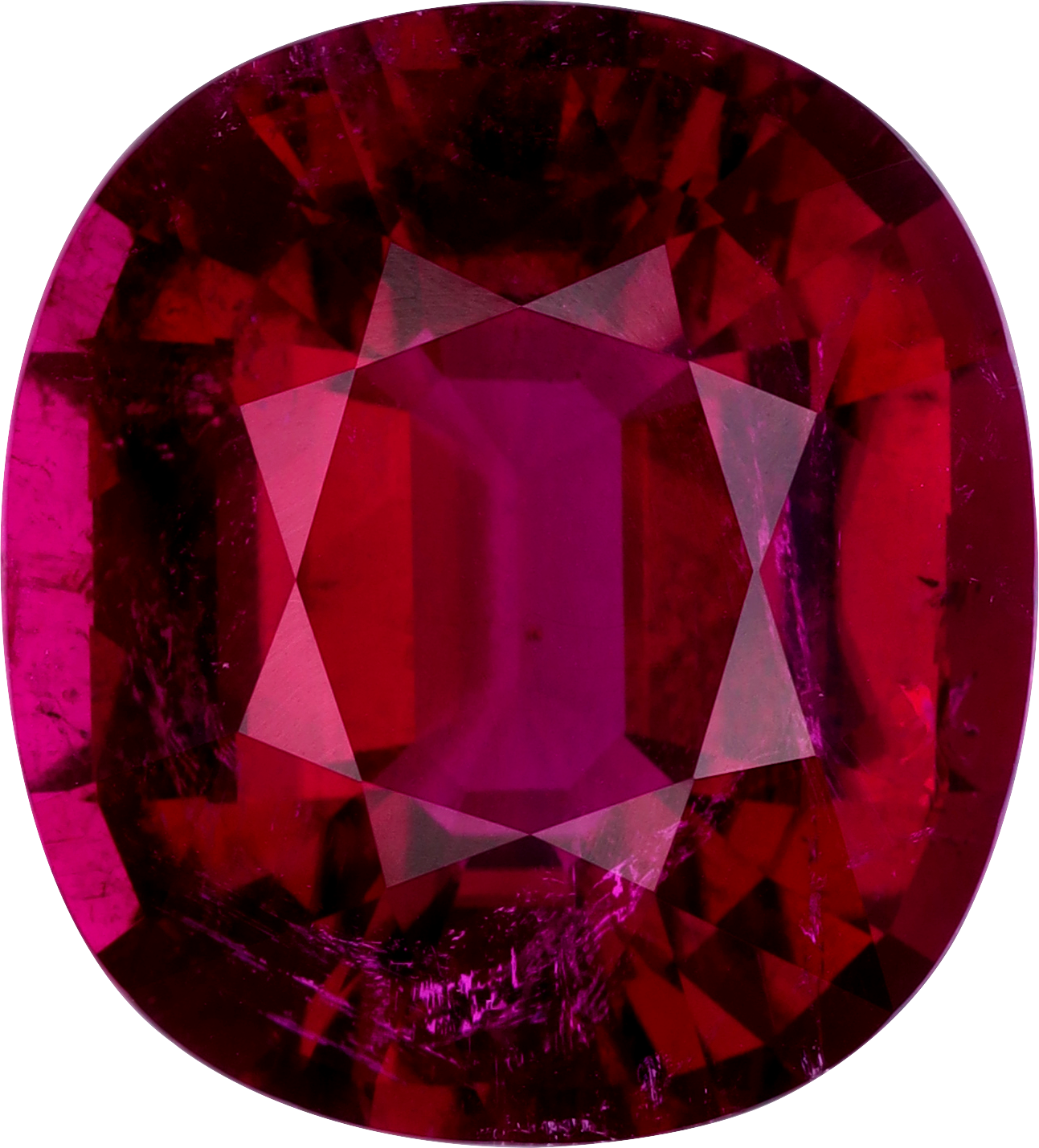 Cushion cut rubellite tourmaline, 22.93 by 20.71 mm, shown at actual size