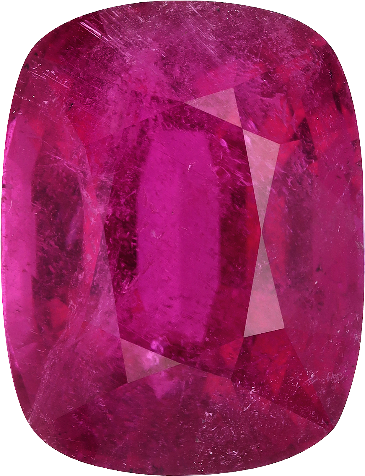 Cushion cut rubellite tourmaline, 25.98 by 19.93 mm, shown at actual size