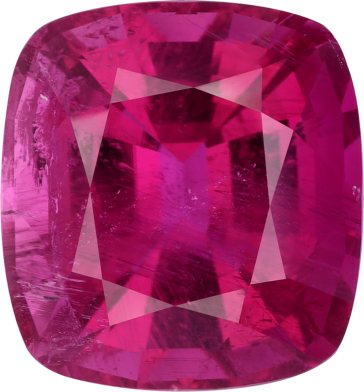 Cushion cut rubellite tourmaline, 22.01 by 20.41 mm, shown at actual size