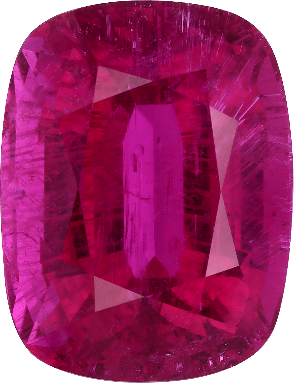 Cushion cut rubellite tourmaline, 24.19 by 18.6 mm, shown at actual size