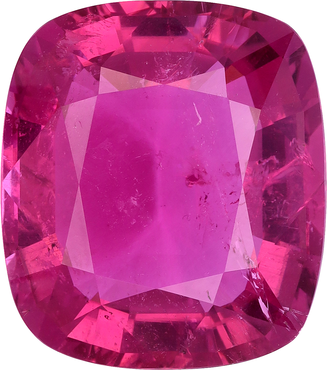 Cushion cut rubellite tourmaline, 20.94 by 18.49 mm, shown at actual size