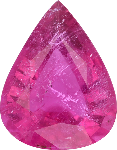 Pear cut rubellite tourmaline, 20.04 by 15.66 mm, shown at actual size
