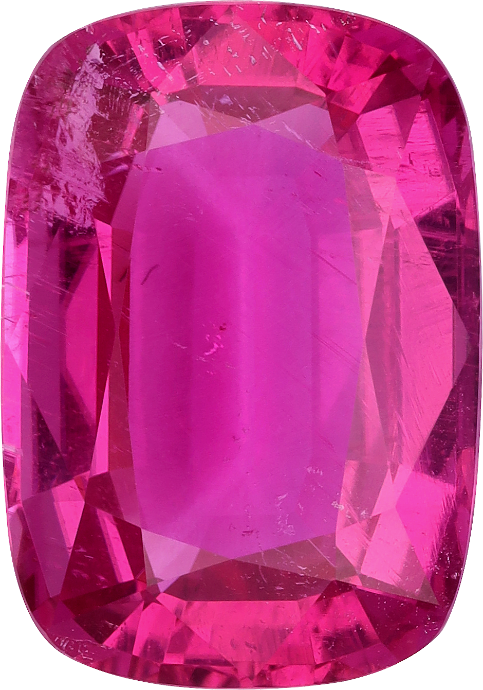 Cushion cut rubellite tourmaline, 18.49 by 12.97 mm, shown at actual size