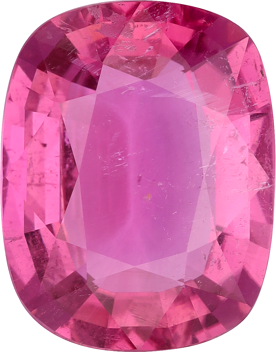 Cushion cut rubellite tourmaline, 16.5 by 12.84 mm, shown at actual size