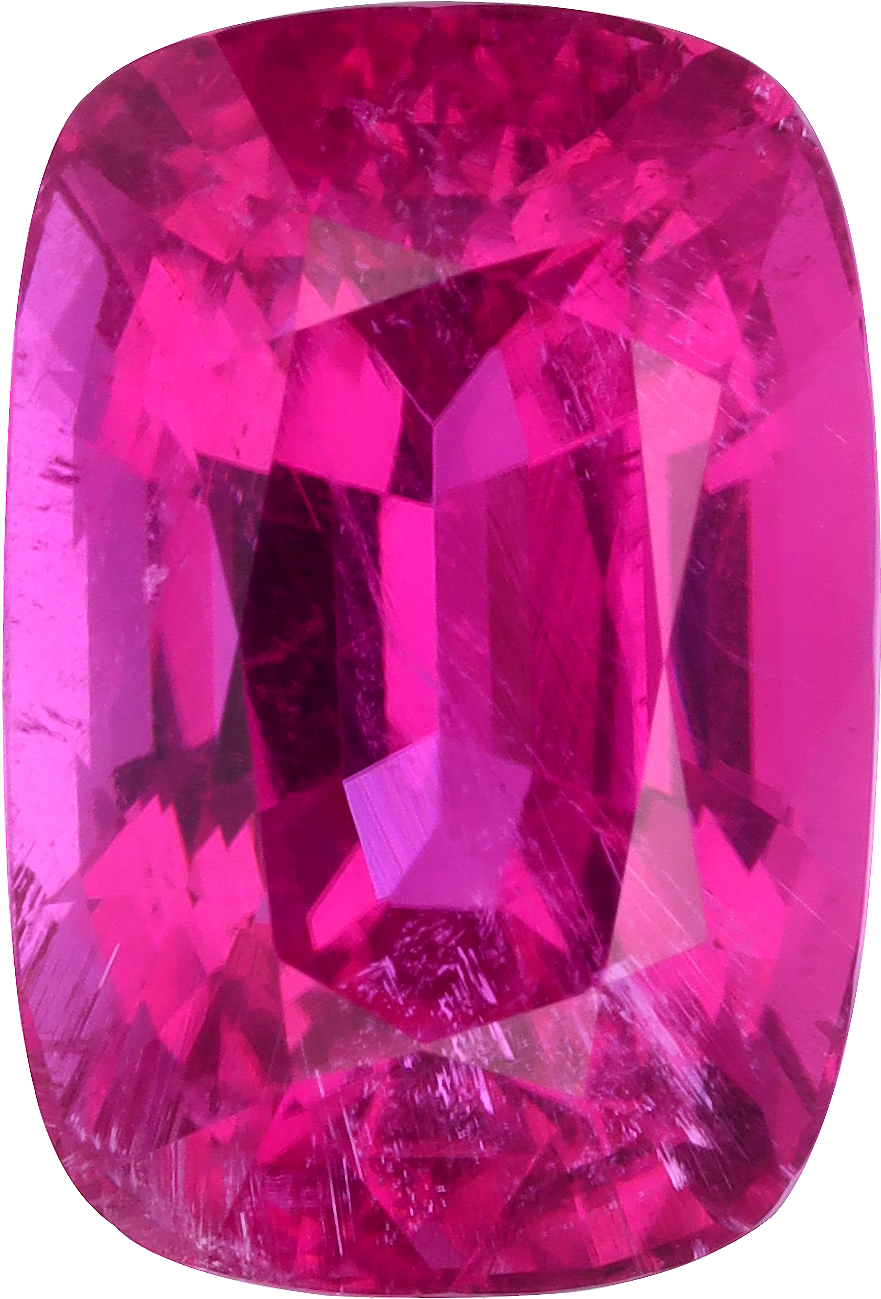 Cushion cut rubellite tourmaline, 17.74 by 12.07 mm, shown at actual size