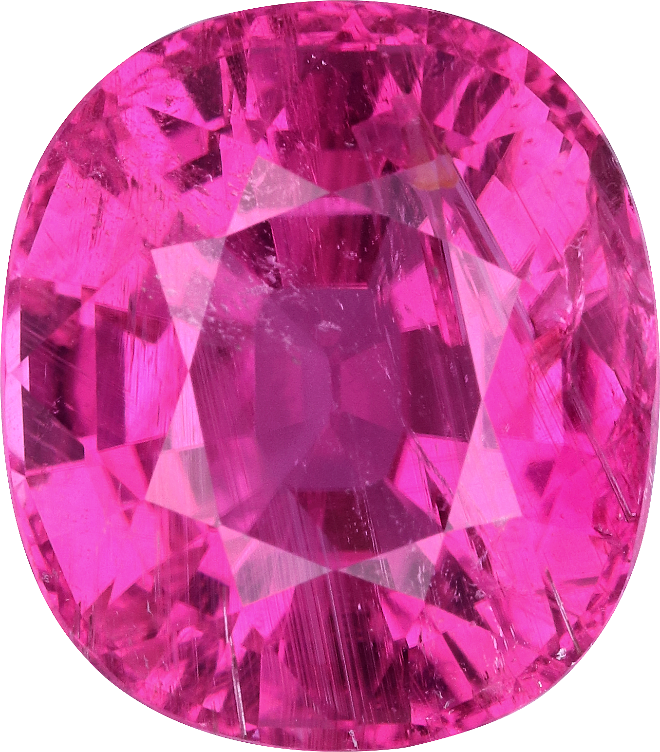 Cushion cut rubellite tourmaline, 14.29 by 12.53 mm, shown at actual size