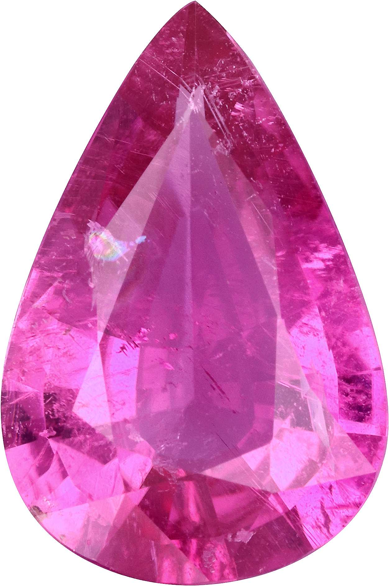 Pear cut rubellite tourmaline, 17.52 by 11.63 mm, shown at actual size