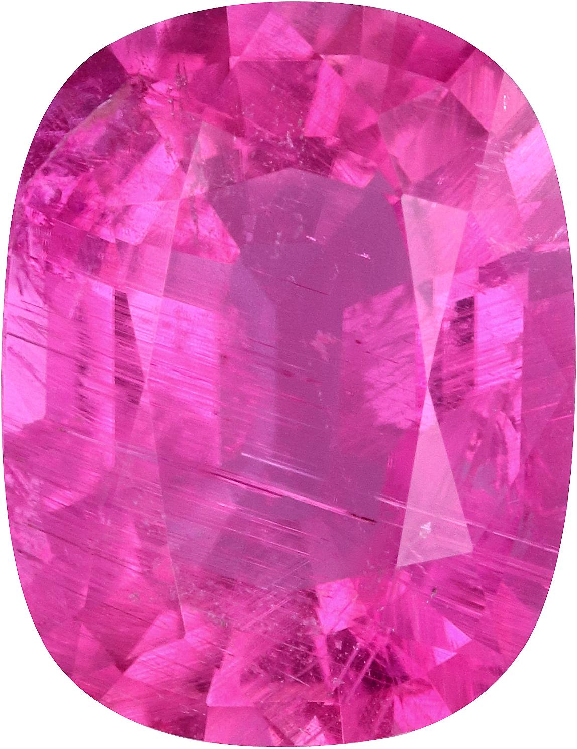 Cushion cut rubellite tourmaline, 13.87 by 10.65 mm, shown at actual size