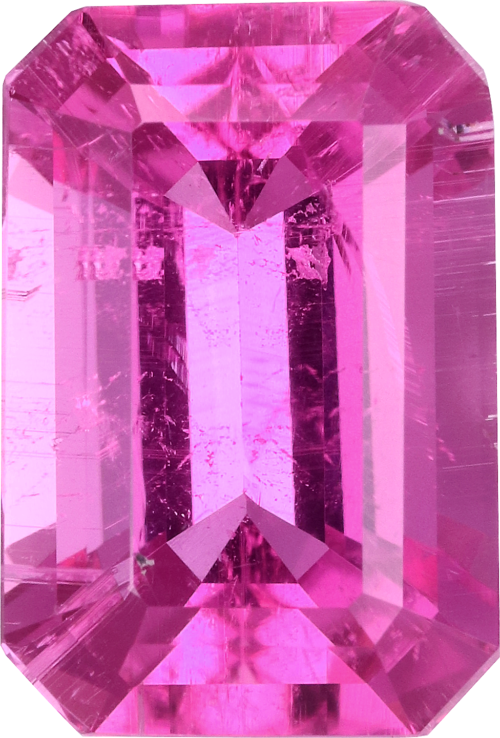 Rectangular cut rubellite tourmaline, 13.28 by 9.01 mm, shown at actual size