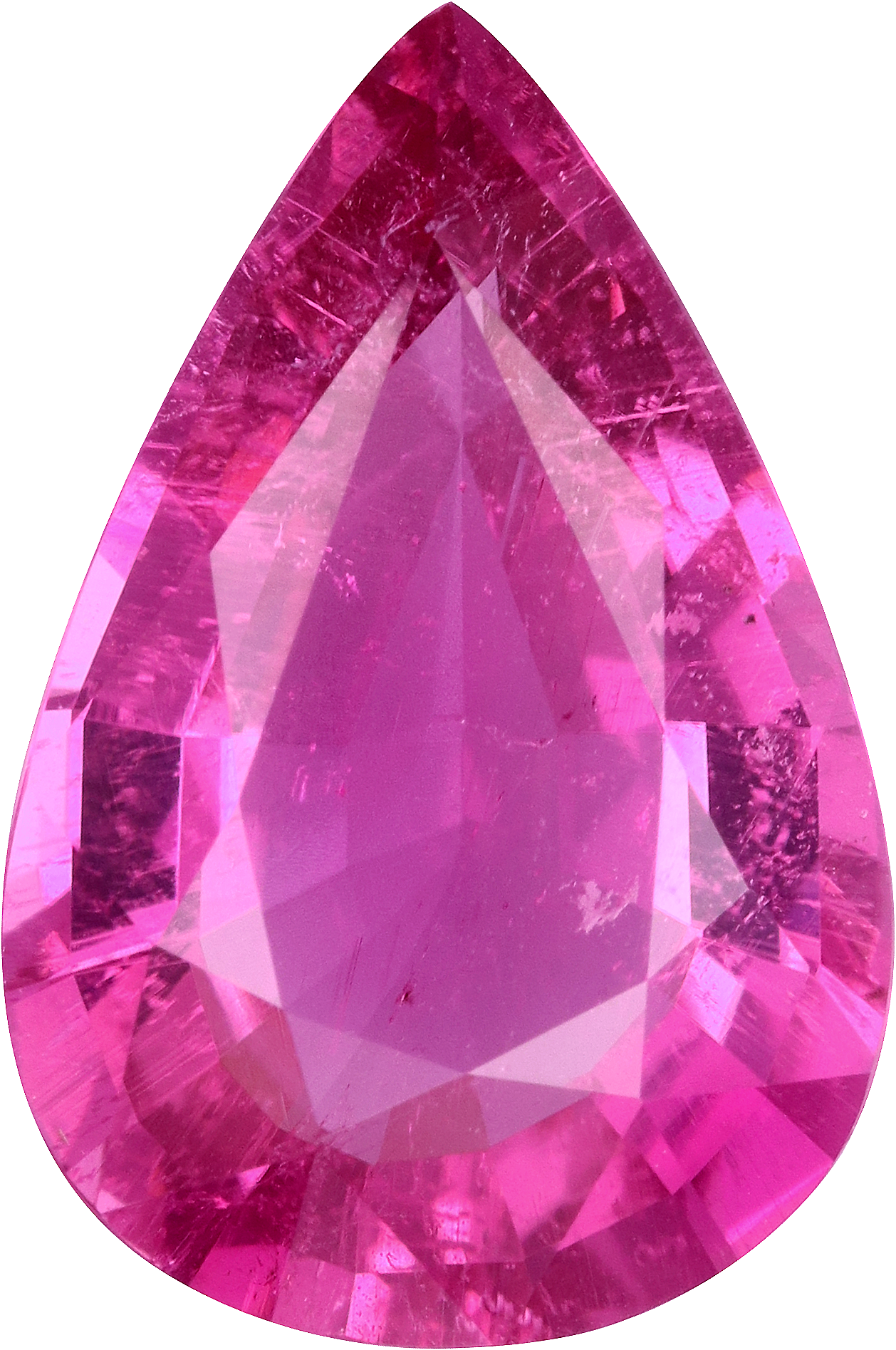 Pear cut rubellite tourmaline, 17.54 by 11.65 mm, shown at actual size