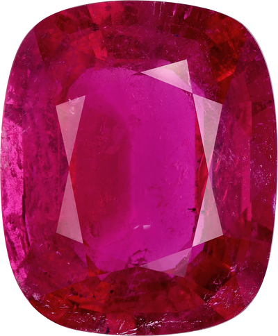 Cushion cut rubellite tourmaline, 34.15 by 28.25 mm, shown at actual size