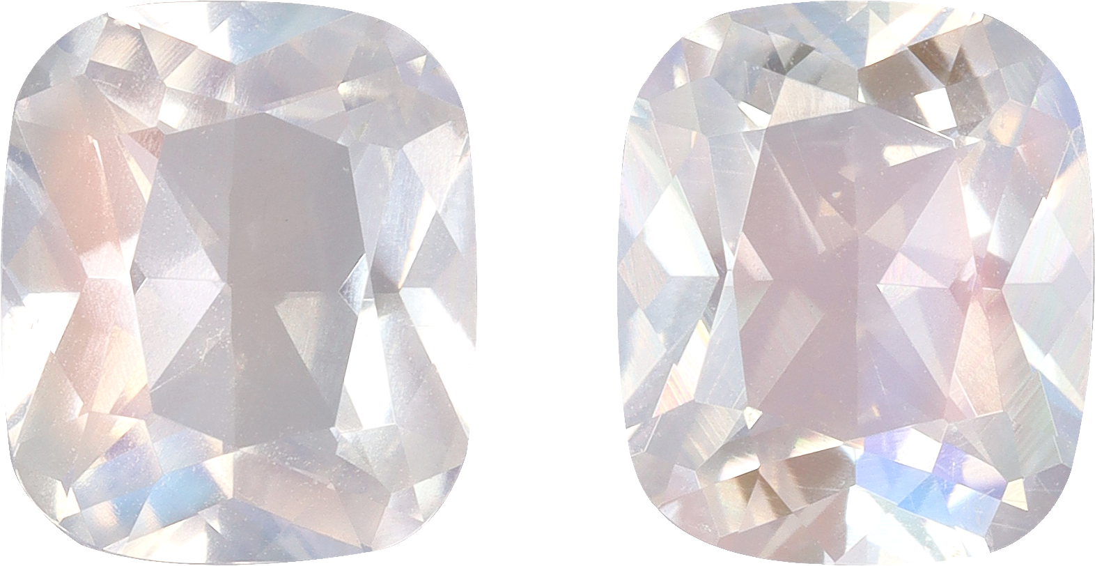 Cushion cut rainbow moonstone, 8.66 by 7.32 mm, shown at actual size