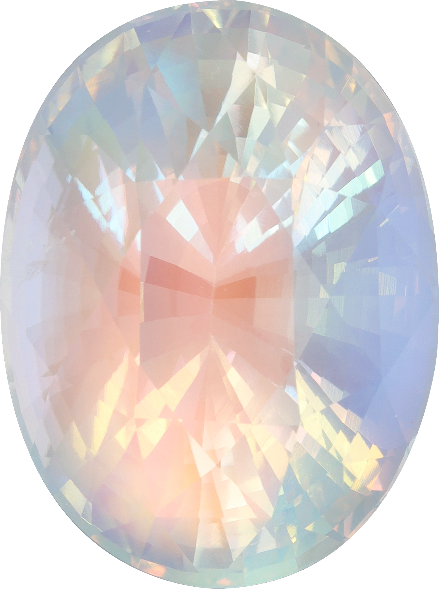 Oval cut rainbow moonstone, 25.8 by 19.44 mm, shown at actual size