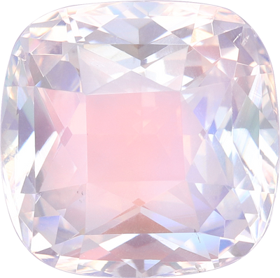 Cushion cut rainbow moonstone, 8.96 by 8.9 mm, shown at actual size