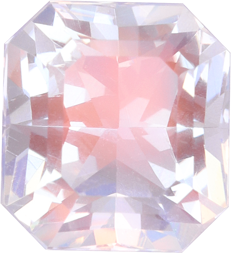 Rectangular cut rainbow moonstone, 7.54 by 6.91 mm, shown at actual size