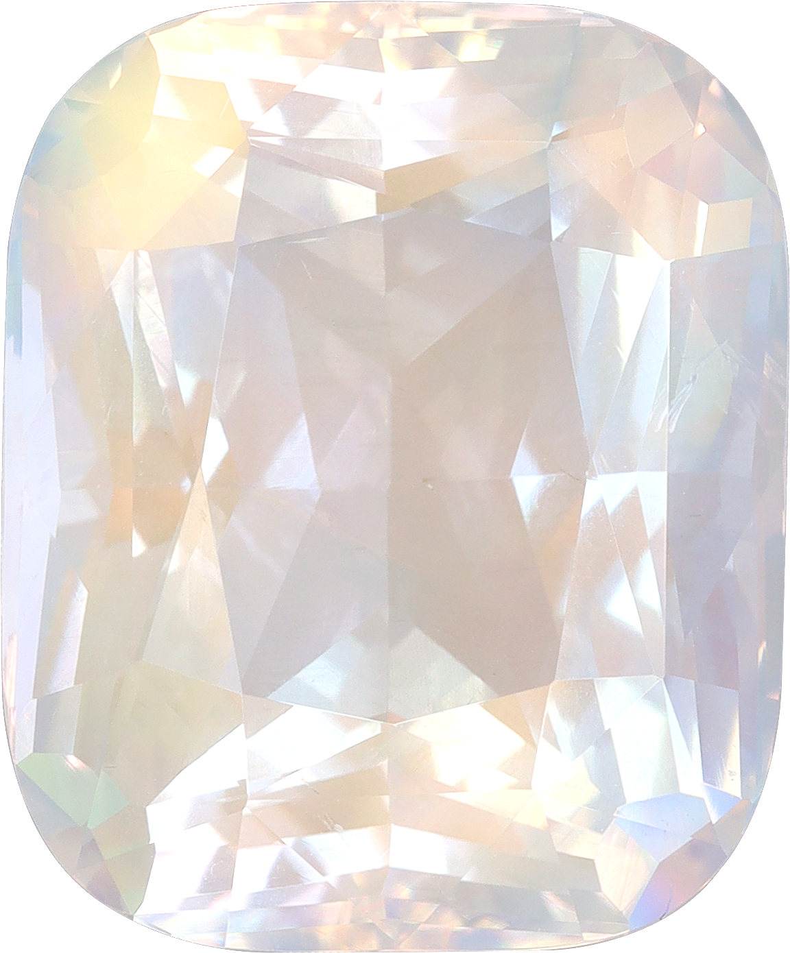 Cushion cut rainbow moonstone, 19.46 by 16.03 mm, shown at actual size