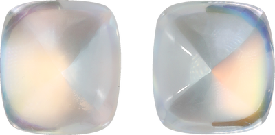 Cushion cut rainbow moonstone, 12.31 by 11.03 mm, shown at actual size