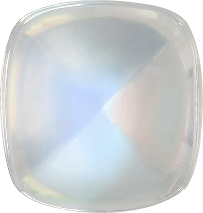 Cushion cut rainbow moonstone, 13.53 by 12.86 mm, shown at actual size