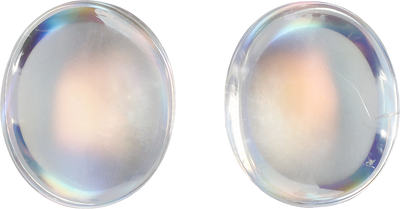Oval cut rainbow moonstone, 12.6 by 10.64 mm, shown at actual size