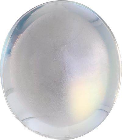 Oval cut rainbow moonstone, 15.55 by 13.57 mm, shown at actual size