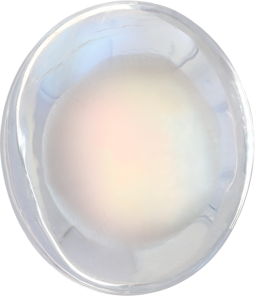 Oval cut rainbow moonstone, 14.57 by 12.62 mm, shown at actual size