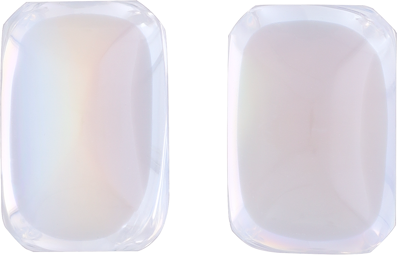 Rectangular cut rainbow moonstone, 11.38 by 7.65 mm, shown at actual size