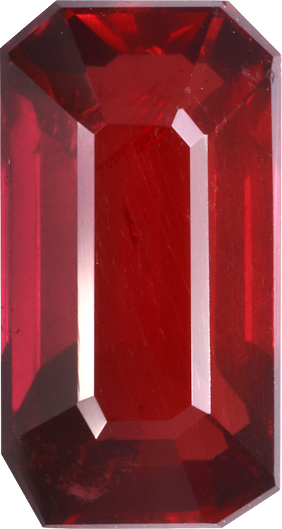 Rectangular cut mozambique ruby, 12.4 by 6.62 mm, shown at actual size