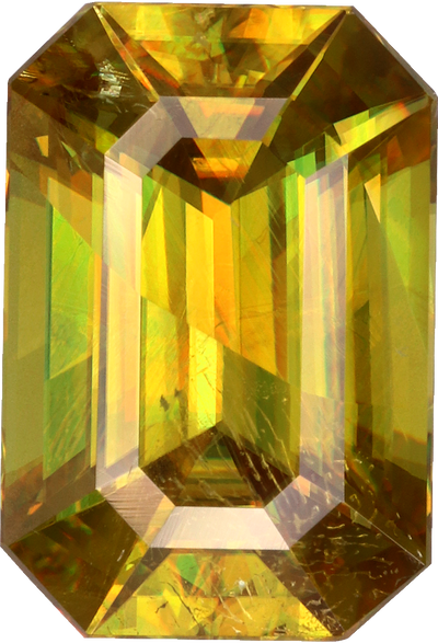 Cushion cut sphene, 10.77 by 7.31 mm, shown at actual size