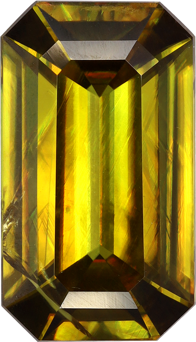 Cushion cut sphene, 13.09 by 7.48 mm, shown at actual size