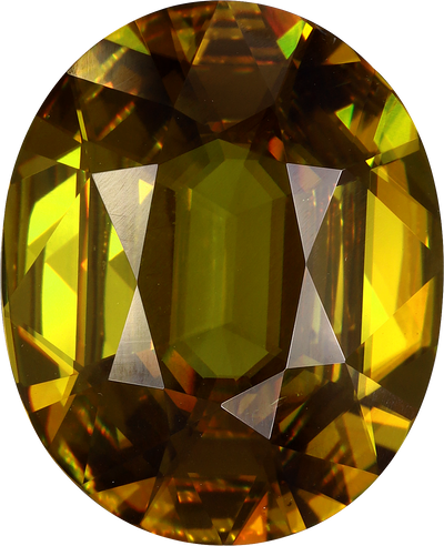 Oval cut sphene, 16.9 by 13.71 mm, shown at actual size