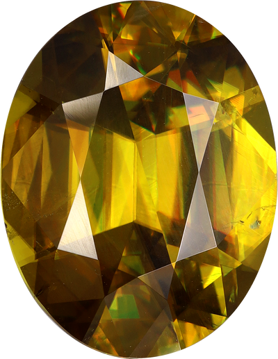 Oval cut sphene, 14.91 by 11.61 mm, shown at actual size
