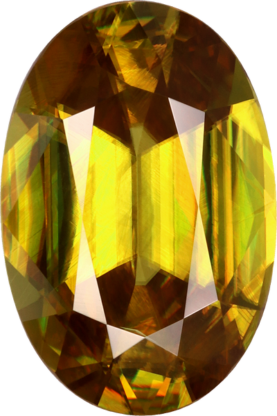 Oval cut sphene, 12.14 by 8.11 mm, shown at actual size