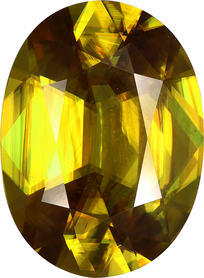 Oval cut sphene, 13.95 by 10.36 mm, shown at actual size