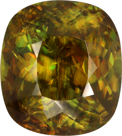 Cushion cut sphene, 13.83 by 12.38 mm, shown at actual size