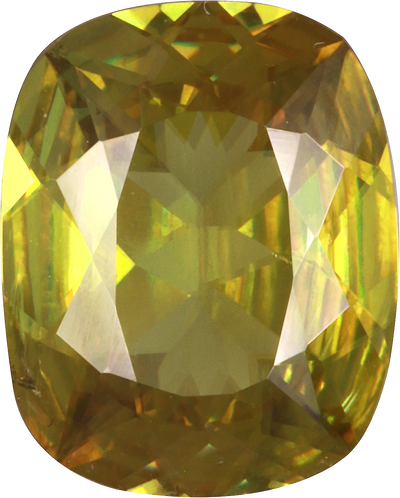 Cushion cut sphene, 11.11 by 8.89 mm, shown at actual size