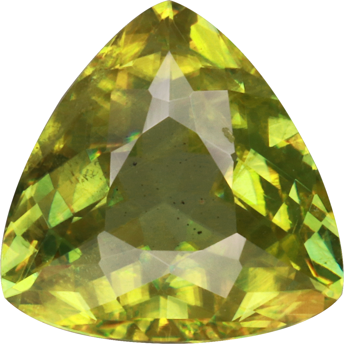 Trilliant cut sphene, 9.12 by 8.84 mm, shown at actual size