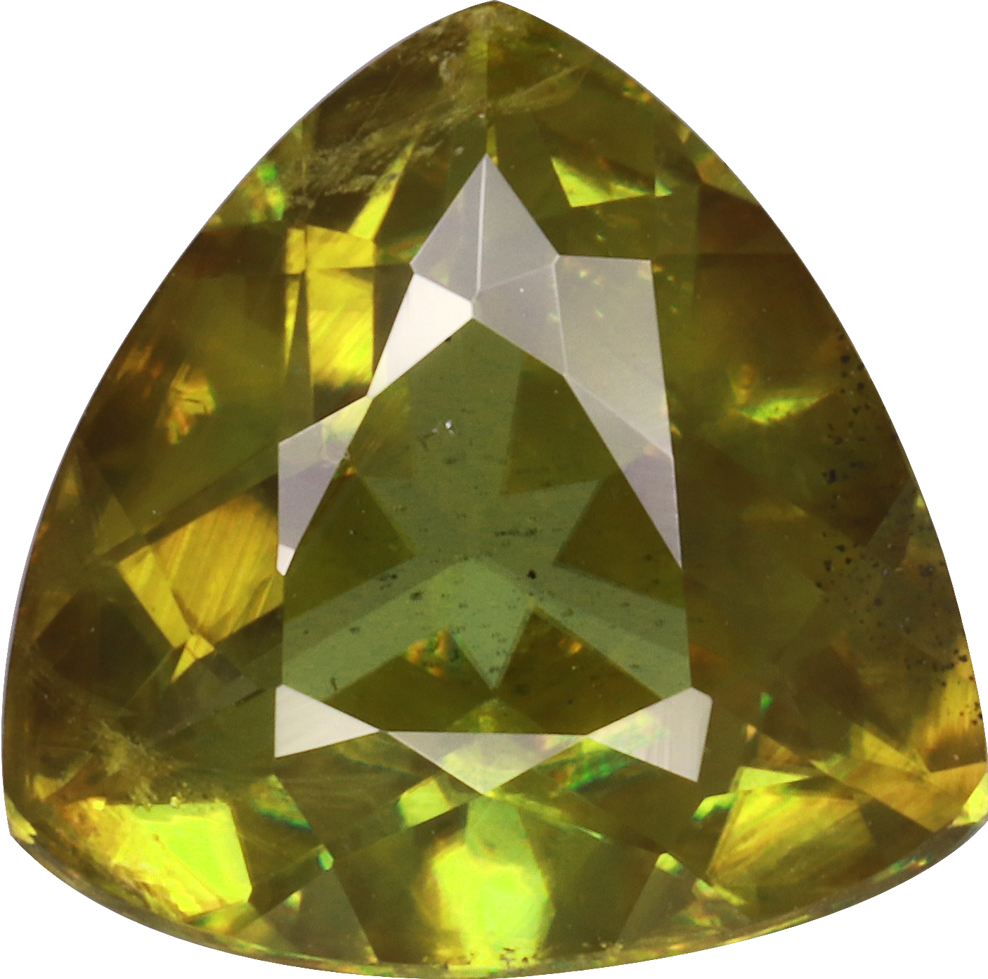 Trilliant cut sphene, 10.52 by 10.44 mm, shown at actual size