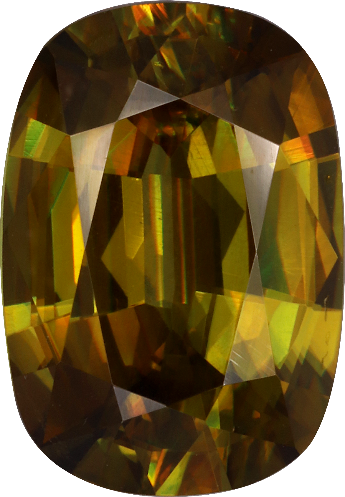 Cushion cut sphene, 13.18 by 9.21 mm, shown at actual size