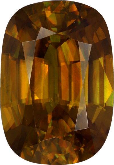 Cushion cut sphene, 13.16 by 9.12 mm, shown at actual size