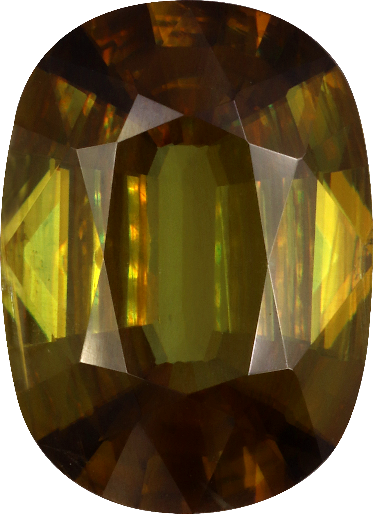 Cushion cut sphene, 13.94 by 10.1 mm, shown at actual size