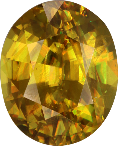 Oval cut sphene, 11.12 by 9.06 mm, shown at actual size