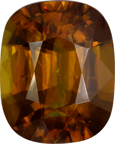 Cushion cut sphene, 11.05 by 8.86 mm, shown at actual size