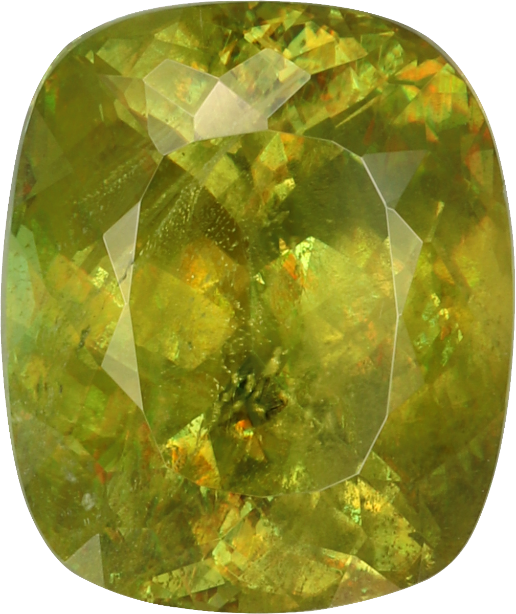 Cushion cut sphene, 12.21 by 10.2 mm, shown at actual size