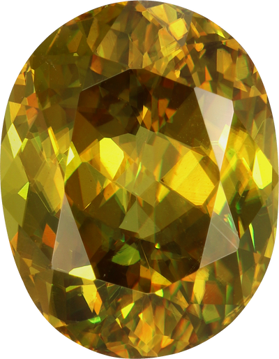 Oval cut sphene, 11.06 by 8.58 mm, shown at actual size