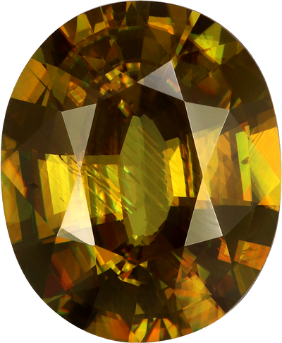 Oval cut sphene, 14.2 by 11.65 mm, shown at actual size