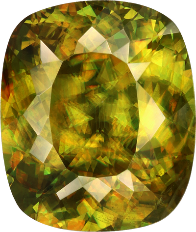 Cushion cut sphene, 12.98 by 11.92 mm, shown at actual size