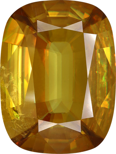 Cushion cut sphene, 19.72 by 14.84 mm, shown at actual size